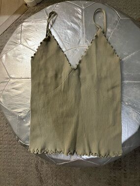 Free People Ribbed Lettuce-Edge V-Neck Cami - Olive Green